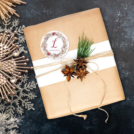 Elegant Kerstmis Poinsettia Wreatmonogram Ronde Sticker