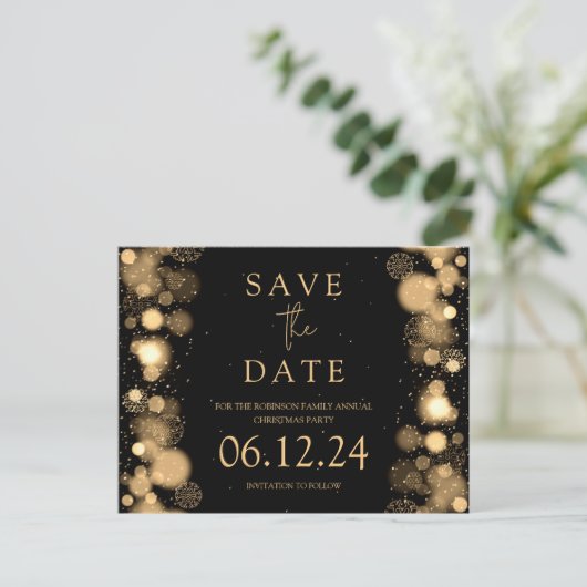 Elegant Kerstmis Save The Date Gouden Winter Zwart Aankondigingskaart (Staand voorkant)