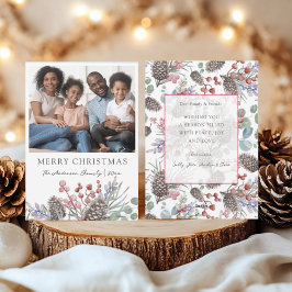 Elegant Kerstmis Waterverf Loof & Foto Feestdagenkaart