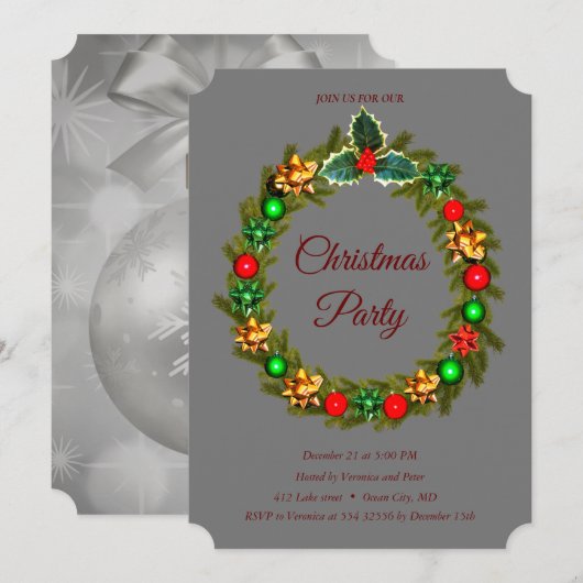 Elegant Kerstmis Wreater Ornamenten Red Invitation Kaart (Voorkant / Achterkant)