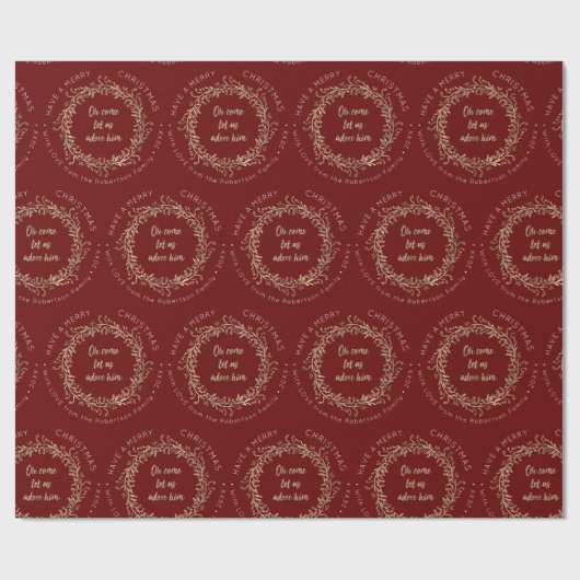 Elegant Kerstmis Wreath Adore Him Red Gold Cadeaupapier (Vlak)