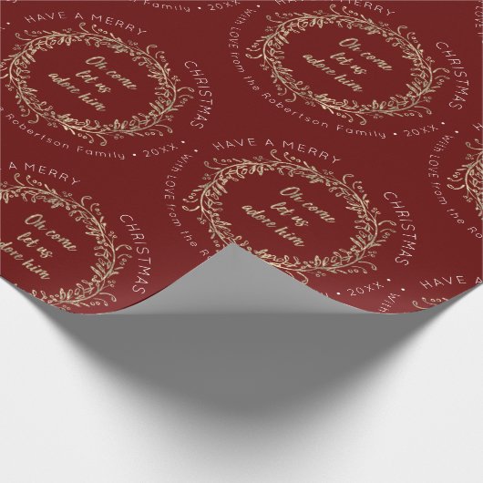 Elegant Kerstmis Wreath Adore Him Red Gold Cadeaupapier (Hoek)