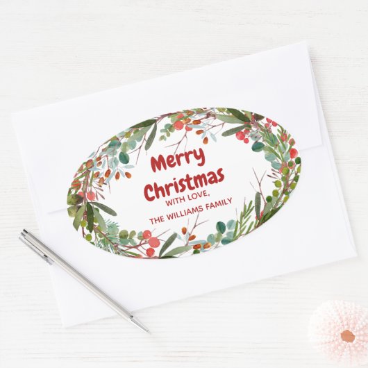 Elegant Kerstmis Wreath Ovale Sticker (Envelop)