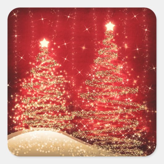 Elegant kerstmousserende bomen rood vierkante sticker (Voorkant)