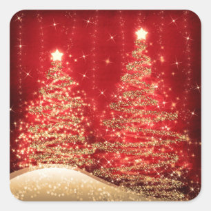 Elegant kerstmousserende bomen rood vierkante sticker