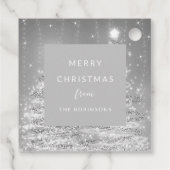 Elegant kerstparty mousserende bomen zilver bedankjes labels (Achterkant)