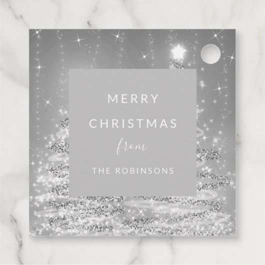 Elegant kerstparty mousserende bomen zilver bedankjes labels (Achterkant)