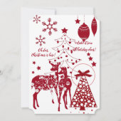 Elegant kerstrenrendieren Red Snowflakes White Feestdagenkaart (Voorkant)