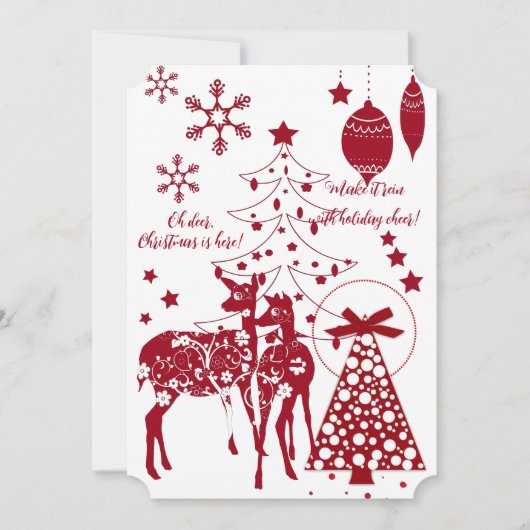 Elegant kerstrenrendieren Red Snowflakes White Feestdagenkaart (Voorkant)