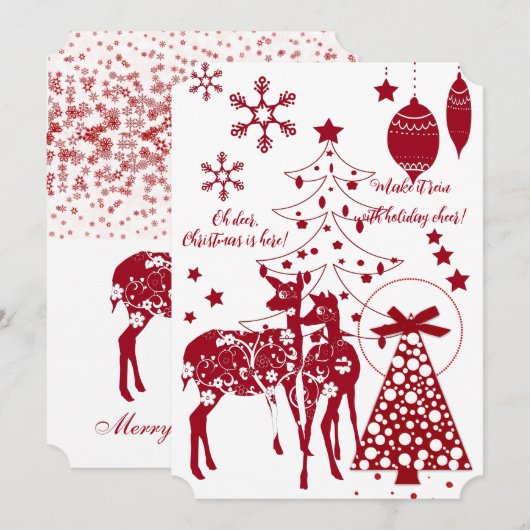 Elegant kerstrenrendieren Red Snowflakes White Feestdagenkaart (Voorkant / Achterkant)
