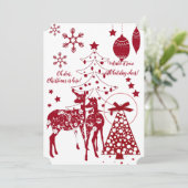 Elegant kerstrenrendieren Red Snowflakes White Feestdagenkaart (Staand voorkant)