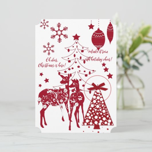 Elegant kerstrenrendieren Red Snowflakes White Feestdagenkaart (Staand voorkant)