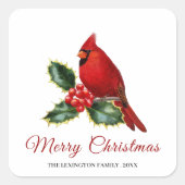 Elegant Kerstrode kardinaal Bird Holly Vierkante Sticker (Voorkant)