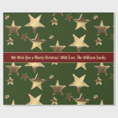 Elegant kerstrood groen en gouden sterren patroon cadeaupapier (Vlak)