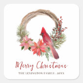 Elegant kerstrood kardinaal vogelmonogram vierkante sticker (Voorkant)