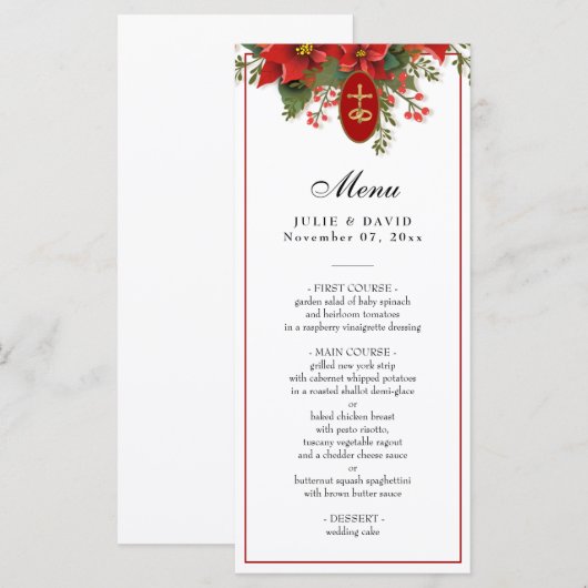 Elegant kerstrood pointsettia bruiloft menu (Voorkant / Achterkant)