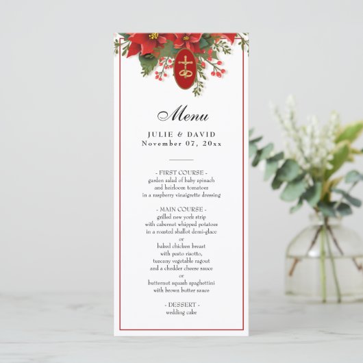 Elegant kerstrood pointsettia bruiloft menu (Staand voorkant)