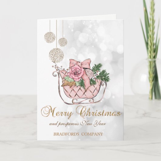 Elegant kerstroze hoes, Bokeh Company Feestdagen Kaart (Voorkant)