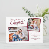 Elegant Kerstscript 2 Foto Bourgondië Feestdagenkaart (Staand voorkant)