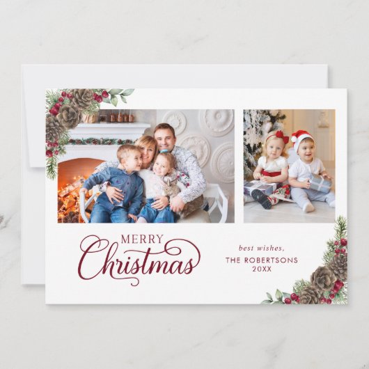 Elegant kerstscript Botanical 2 foto Feestdagenkaart (Voorkant)