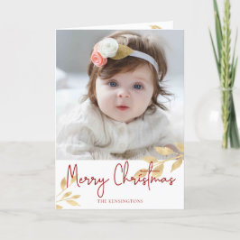 Elegant kerstscript Gold Leaves Holiday Foto Feestdagen Kaart