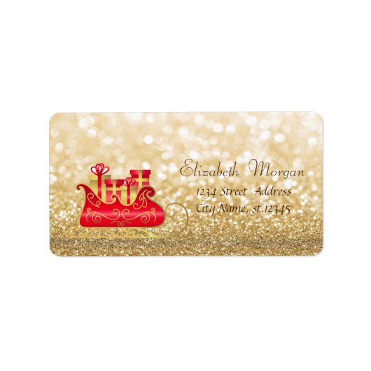 Elegant kerstslee,Glitterige Bokeh-label Etiket (Voorkant)