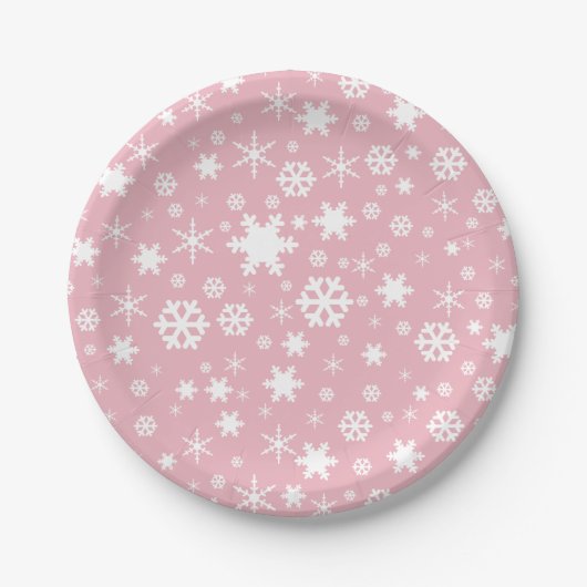 Elegant kerstsnowflake patroonpastelroze papieren bordje (Voorkant)