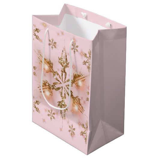 Elegant kerstsnowflake roze goud medium cadeauzakje (Voorkant Gekanteld)