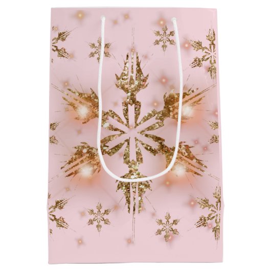 Elegant kerstsnowflake roze goud medium cadeauzakje (Achterkant)