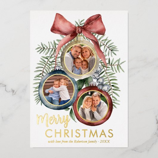 Elegant kerstversieringen Familie 3 Foto's Folie Feestdagenkaart (Voorkant)