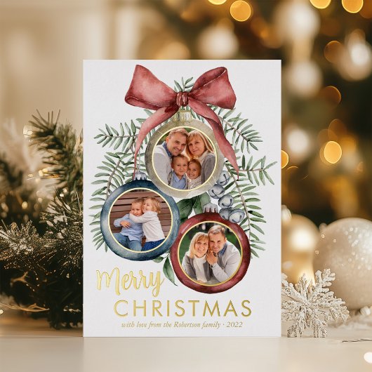Elegant kerstversieringen Familie 3 Foto's Folie Feestdagenkaart