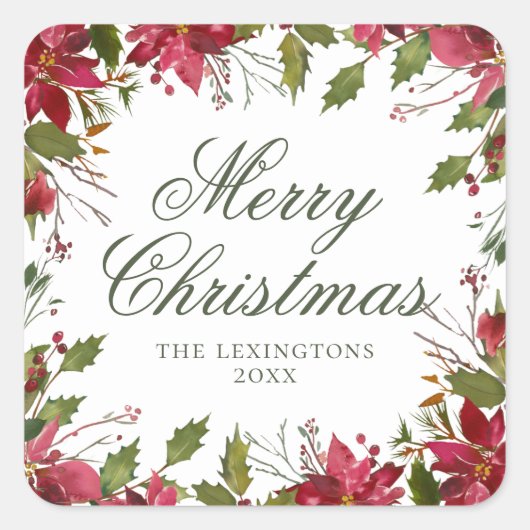 Elegant kerstWaterverf Poinsettia Vierkante Sticker (Voorkant)