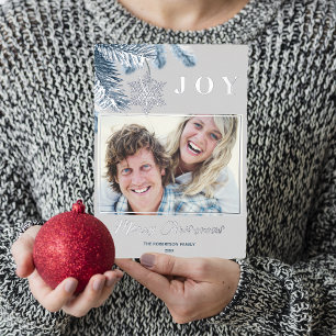 Elegant Kerstzilver Snowflakes Blue Gray Joy Folie Feestdagenkaart