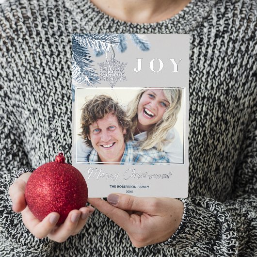 Elegant Kerstzilver Snowflakes Blue Gray Joy Folie Feestdagenkaart