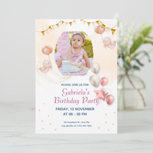 Elegant Kid's Photo Birthday  Printable Invitation Kaart (Staand voorkant)