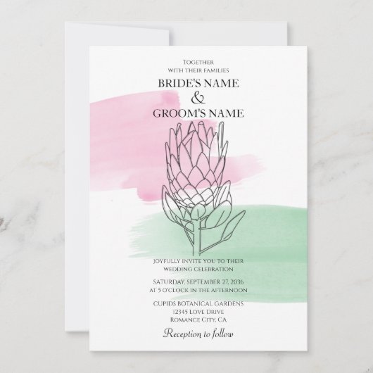 Elegant King Protea Waterverf Wedding Invitations Kaart (Voorkant)
