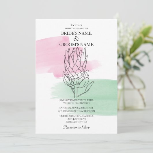 Elegant King Protea Waterverf Wedding Invitations Kaart (Staand voorkant)