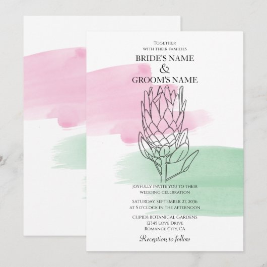 Elegant King Protea Waterverf Wedding Invitations Kaart (Voorkant / Achterkant)