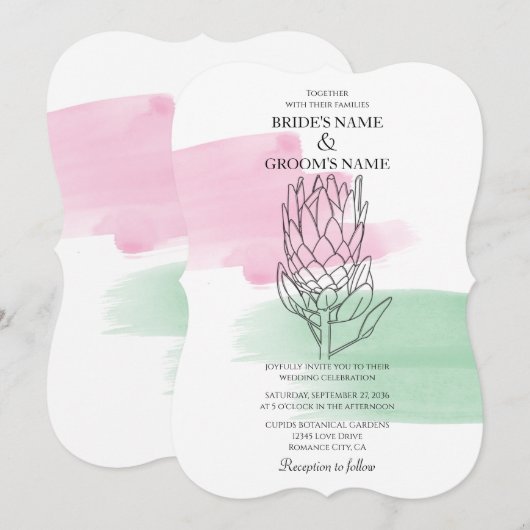 Elegant King Protea Waterverf Wedding Invitations Kaart (Voorkant / Achterkant)