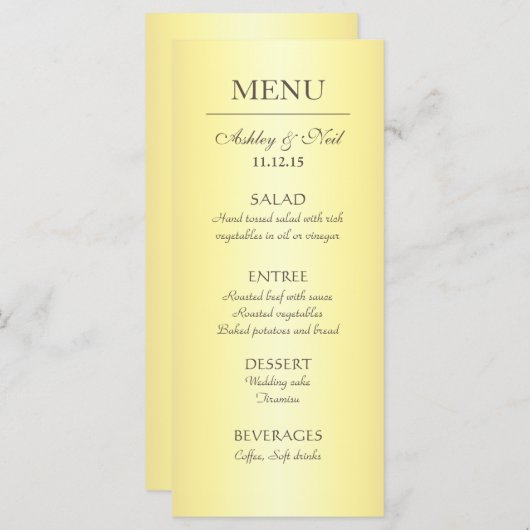 Elegant klassegeel & beige bruiloft menu (Voorkant / Achterkant)
