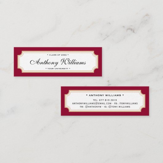 Elegant klassiek afstuderen met rode en goudnaam contactkaartje (Voorkant / Achterkant)