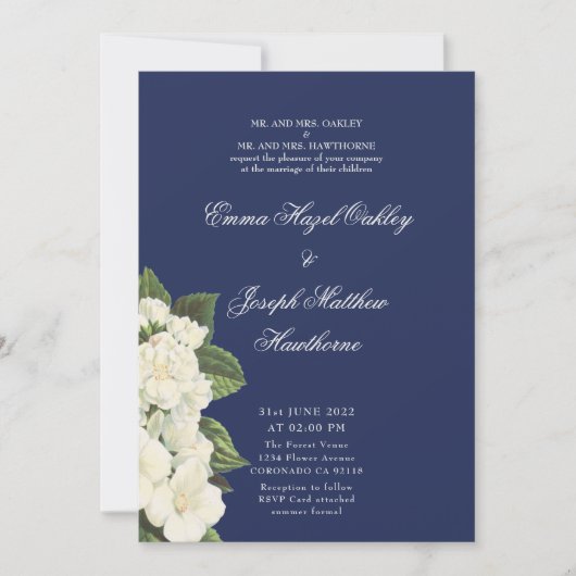 Elegant klassiek blauw crème  Floral Wedding Kaart (Voorkant)