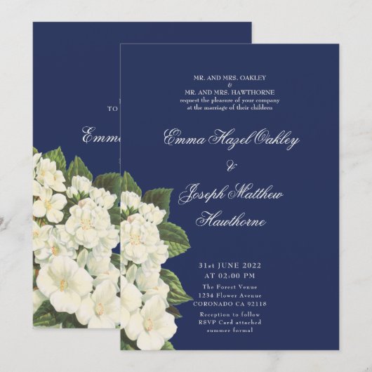 Elegant klassiek blauw crème Floral Wedding Kaart (Voorkant / Achterkant)