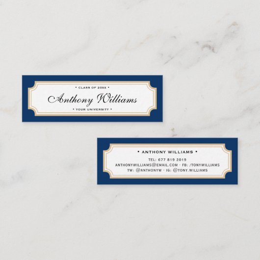 Elegant klassiek blauw en goudblauw afstuderen contactkaartje (Voorkant / Achterkant)