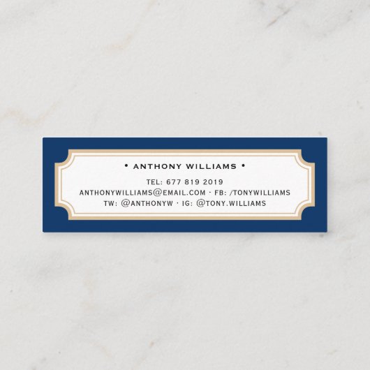 Elegant klassiek blauw en goudblauw afstuderen contactkaartje (Achterkant)