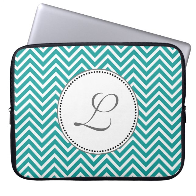 Elegant, klassiek blauwgroen en wit chevron zigzag laptop sleeve (Voorkant)