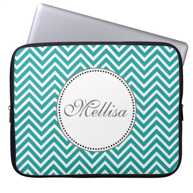 Elegant, klassiek blauwgroen en wit chevron zigzag laptop sleeve (Voorkant)