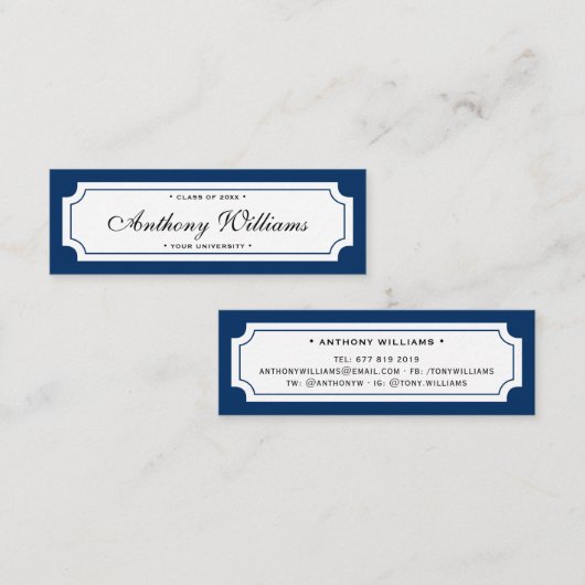 Elegant klassiek donkerblauw afstuderen contactkaartje (Voorkant / Achterkant)