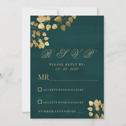 Elegant klassiek donkergroen goud eucalyptus RSVP Kaart (Voorkant)