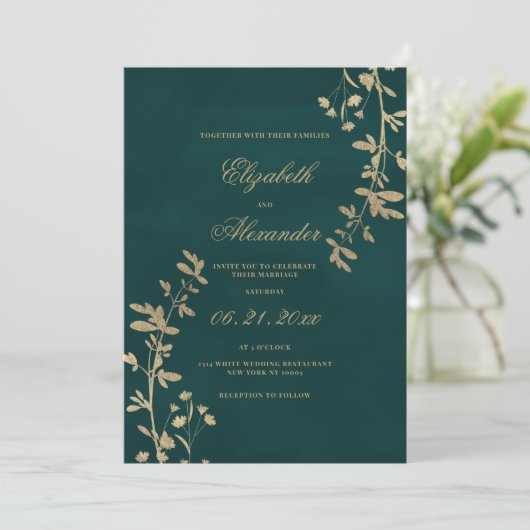 Elegant klassiek donkergroen goudbruin huwelijk kaart (Staand voorkant)